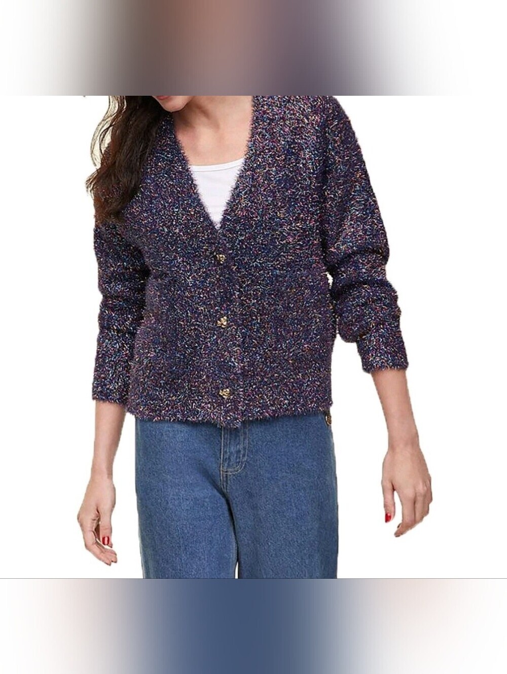 Disney x Macys Cardigan Sweater Large L Sparkly Metallic Shag Knit Purple Blue
